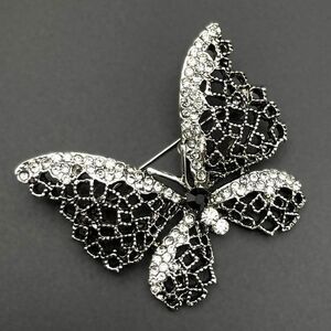 Silver with Onyx and White Diamond Crystal Filigree Butterfly Pin Back Brooch